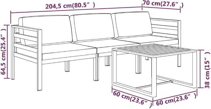 4-Piece Aluminum Garden Lounge Set, Modular Outdoor Patio Sectional Furniture with Matte Anthracite Metal Frame, Includes 1 Table, 3 Seats and Cushions for Balcony Backyard