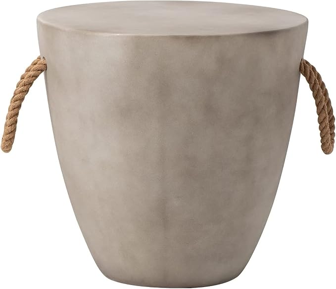 HOMPUS Concrete Outdoor Side Table Drum Accent Light Gray Modern End Table, Round Coffee Table with Rope Handle Garden Stool Decor for Garden, Indoor, Living Room
