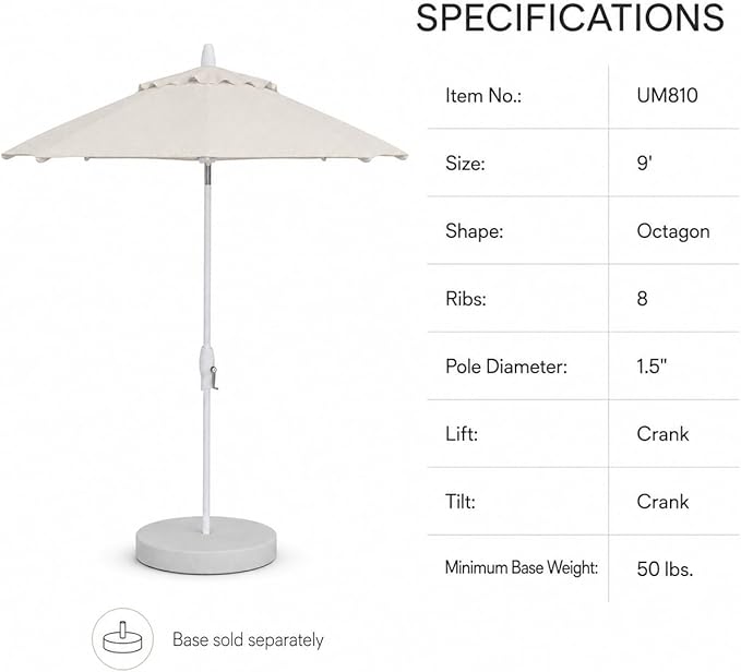 Treasure Garden 9ft Patio Umbrella - Outdoor Furniture Market Umbrella – Deluxe Auto-Tilt – White Aluminum Frame (Sunbrella, Canvas)