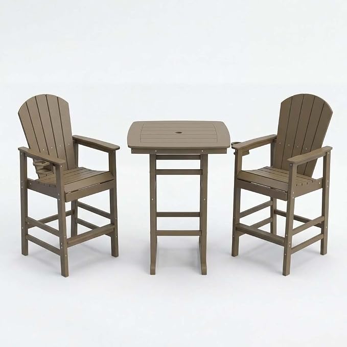 WILLIAMSPACE Height Patio Bar Table Set of 3, Outdoor Square Bar Table with Umbrella Hole, 2 Bar Stools with Cup Holders, 3-Piece All-Weather Outdoor Bistro Set for Kitchen Outside (Antique Oak)