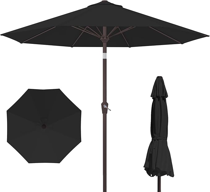 Kingdura 9FT Outdoor Patio Umbrella, Market Table Umbrella with Push Button Tilt and Crank, 8 Sturdy Fiberglass Ribs, UV Protection for Pool, Lawn, Deck, Backyard, Garden (Black)