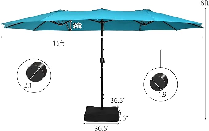 Tangkula 15FT Double-Sided Patio Umbrella with Base, Extra-Large Market Umbrella W/Crank System, Outdoor Twin Umbrella W/ 12-Rib Metal Structure & Air Vents for Garden, Backyard, Poolside (Turquoise)