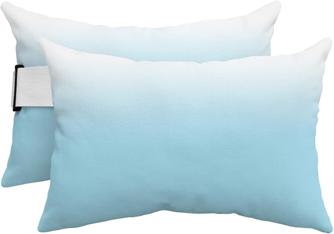 Outdoor Pillows Covers with Inserts Dreamy Blue and White Gradient Waterproof Recliner Pillow with Adjustable Strap Throw Pillows for Patio Furniture Pool Lounge Chair, 12x20 inch, 2PCS