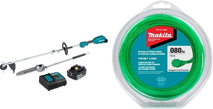 Makita XUX02SM1X4 18V LXT Lithium-Ion Brushless Cordless Couple Shaft Power Head w/ 13" String Trimmer & 10" Pole Saw Attachments (4.0Ah), & T-03866 Twisted Trimmer Line, 0.080”, Green, 175’, 1/2 lbs.