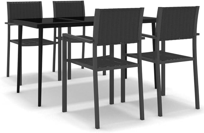 5 Piece Patio Dining Set Black Glass Tabletop Rattan Chairs Outdoor Garden Furniture for Backyard Deck Balcony Porch