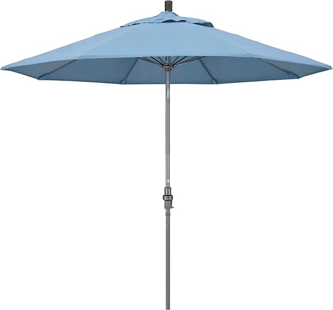 California Umbrella 9' Rd. Crank Lift, Collar Tilt, Aluminum Pole, Fiberglass Rib Patio Umbrella, Hammertone Grey Finish, Sunbrella Air Blue