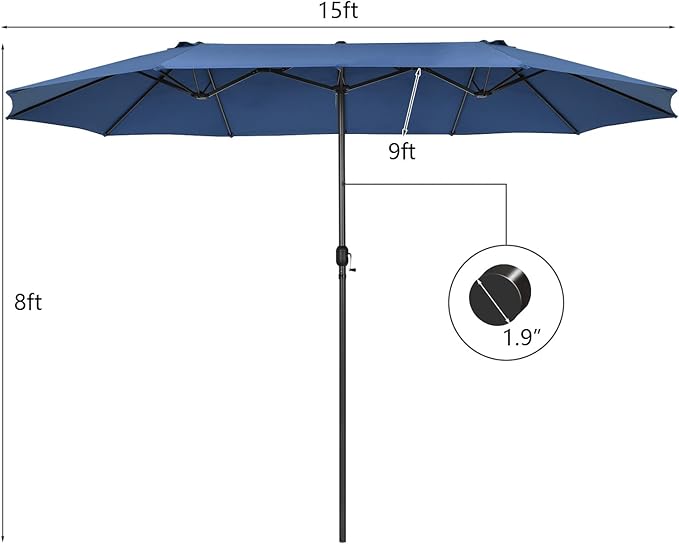 Tangkula 15Ft Double-Sided Patio Umbrella, Outdoor Extra Large Umbrella W/Hand-Crank System & Air Vents, Market Twin Umbrella W/ 12-Rib Sturdy Metal Frame for Poolside, Garden Backyard (Navy)