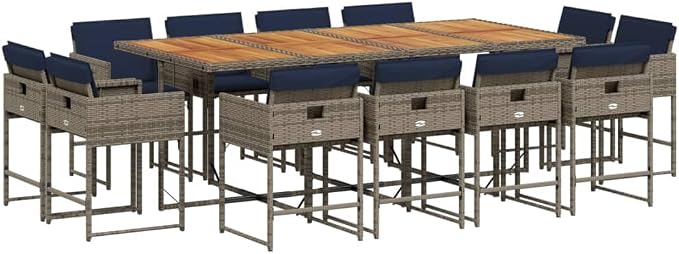 13 Piece Garden Dining Set, Patio Rattan Furniture with Acacia Wood Table and 12 Folding Chairs, Space Saving Cube Outdoor Set for Backyard Deck