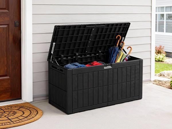 100 Gallon Outdoor Storage Box, Water Proof Resin Deck Box, Lockable Patio Outdoor Storage Box for Cushion Patio Furniture Pool Accessories Garden Tools Black
