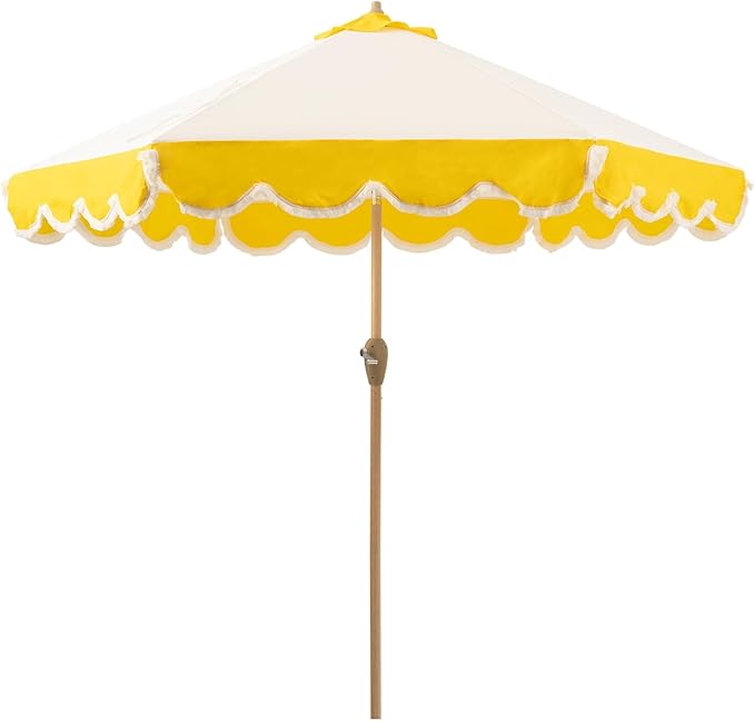 Tempera 9ft Scalloped Patio Umbrellas with Fringe, Market Umbrellas with Water-Resistant and Fade Resistant Canopy, 1.5" Wood Pole & Button Tilt.