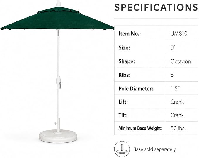 Treasure Garden 9ft Patio Umbrella - Outdoor Furniture Market Umbrella – Deluxe Auto-Tilt – White Aluminum Frame (Sunbrella, Forest Green)