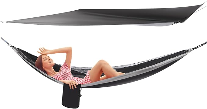 Black Camping Hammock, 290x140cm Hammock with Mosquito Net, Rain Fly Tarp, for Backpacking and Travel, Durable and Portable, for Outdoor Adventures, Easy to Set Up