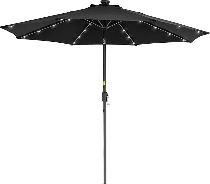 9ft Patio Umbrella Outdoor with Solar Lights,32 LED Lighted Table Market Umbrella with Tilt and Crank, 2-Year-Non-Fading, 8 Sturdy Ribs,for Pool, Deck, Garden,Backyard