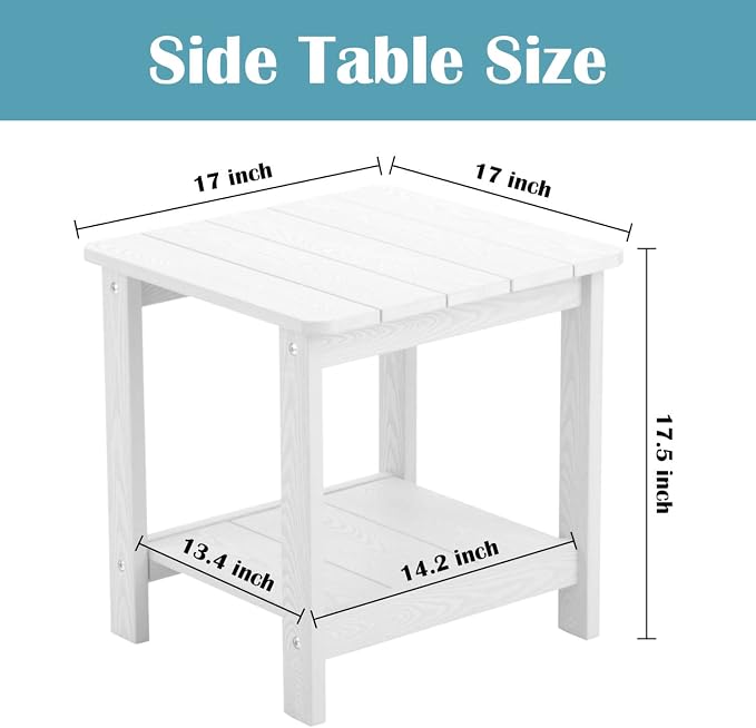 hOmeHua Weather Resistant Side Table, 17 inch Square 2-Layer Structure Wide Desktop, Imitation Wood Stripes, Easy to Assemble & Maintain, Suitable for All Indoor & Outdoor Places - White