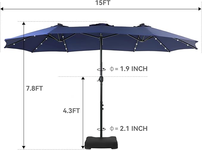 GREEN PARTY 15 ft Large Outdoor Patio Umbrella with Solar Led Lights & Base Included, Double-Sided Rectangular Table Umbrella with Stand, Market Umbrellas for Deck Poolside Garden Backyard, Navy Blue