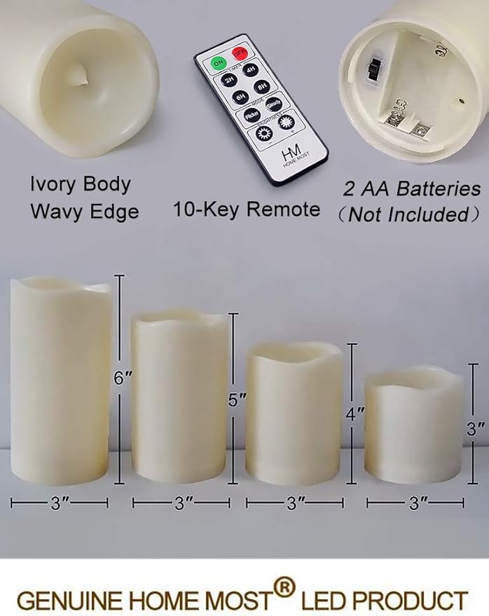 Set of 4 Outdoor Pillar Candles with Timer Waterproof - Battery Operated LED Pillar Candles with Remote 3x3 3x4 3x5 3x6 - Plastic Flickering Flameless Pillar Candles Unscented for Outside