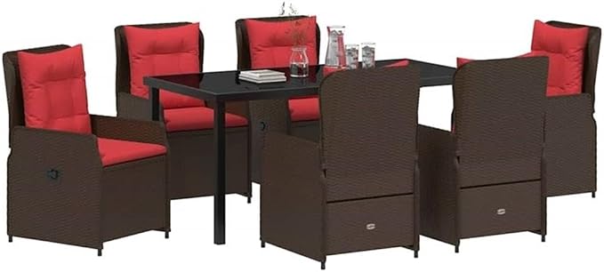 Afuera Living 7 Piece Poly Rattan Patio Dining Set, Brown Finish, Weather-Resistant Material, Powder-Coated Steel Frame, Adjustable Armrests, Seating for 6, Modern Outdoor Garden or Poolside Furniture