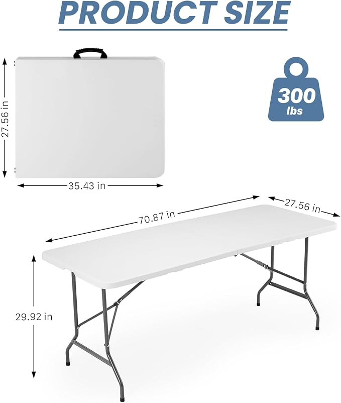 DUMOS 6 Feet Folding Picnic Table, Plastic Table with Carrying Handle, Heavy Duty Portable Table for Camping Party, White
