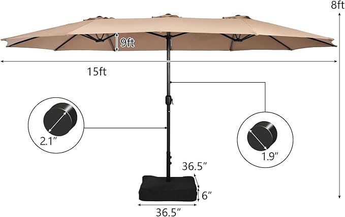Tangkula 15FT Double-Sided Patio Umbrella with Base, Extra-Large Market Umbrella W/Crank System, Outdoor Twin Umbrella W/ 12-Rib Metal Structure & Air Vents for Garden, Backyard, Poolside (Tan)