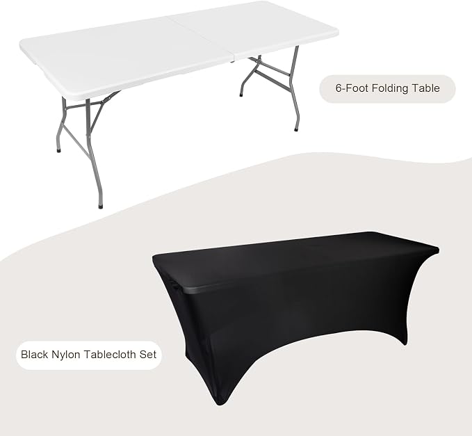 6ft Folding Table Portable Heavy Duty Plastic Utility Foldable Table Indoor Outdoor for Camping, Party with Handle, Lock - White (6 FT & Tablecloth)