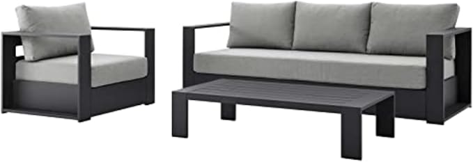 Modway 3-Piece Patio Set, Gray, Outdoor Furniture, Powder-Coated Aluminum Frame, Dense Foam Padding, Water & UV-Resistant Fabric
