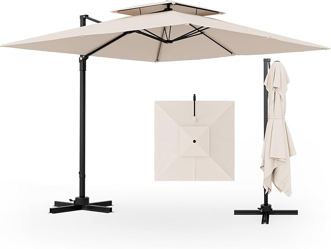 Tangkula 9.5 FT Cantilever Patio Umbrella, Outdoor Square Offset Umbrella with 360° Rotation, Double Top Heavy Duty Patio Hanging Umbrella with Cross Base for Garden Deck Pool Backyard (Beige)
