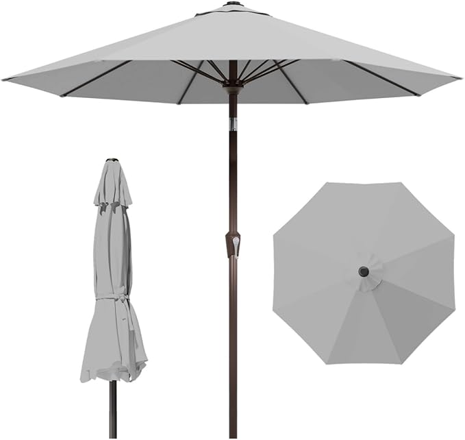 10FT Patio Umbrella Outdoor Market Umbrella with Crank and Tilt, 8 Flexible Fiberglass Ribs, UV-Resistant Waterproof Canopy for Patio, Deck, Garden, Backyard, Light Gray