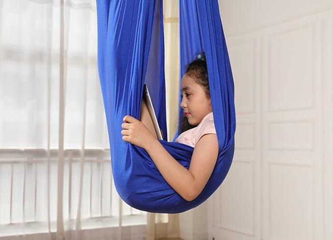 Sensory Swing, Therapy Compression Cuddle Adjustable Hammock for Sensory Processing, Indoor & Outdoor Snuggle Use - Ideal for Special Needs Sensory Integration (Hardware Kit Included) Blue