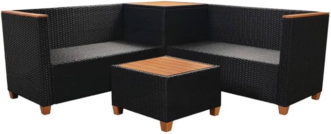 vidaXL Patio Furniture Set 4 Piece, Patio Conversation Set with Cushions, Outdoor Sectional Sofa with Coffee Table for Garden, Poly Rattan Black