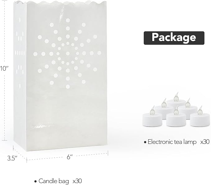 AceList 30 Set Luminaries Bag with Flameless Candles， Flickering LED Tea Lights with Paper Luminary Bags Battery Operation for Wedding Party,Halloween, Thanksgiving, Christmas Decoration（Sun）