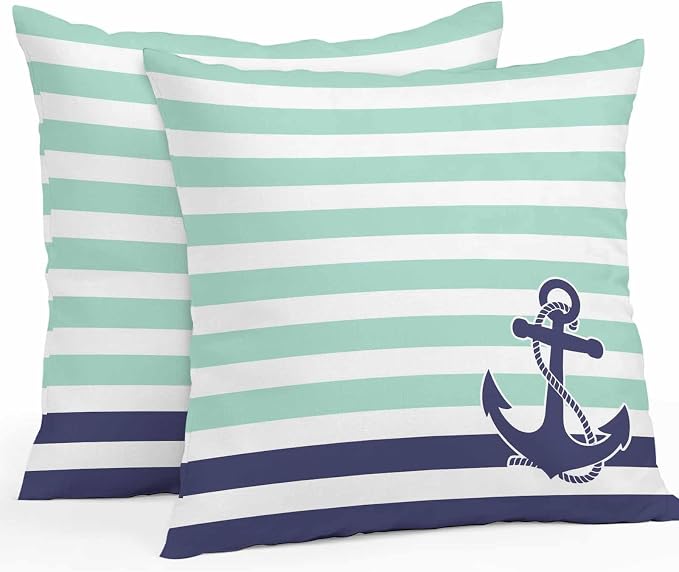 Throw Pillow Covers 24x24 Inch Set of 2, Anchor Aqua Waterproof Outdoor Cushion Covers, Modern Navy Blue White Striped Nautical Decorative Pillowcases for Couch, Sofa, Bed, Garden, Patio