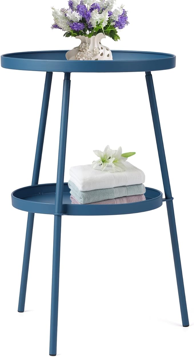 2 Tier Patio Side End Table, Round Metal Lawn Bistro Portable Leisure Standing Coffee Table, Outdoor or Indoor Tray for Living Room Bedroom Balcony Poolside and Office (Navy Blue)