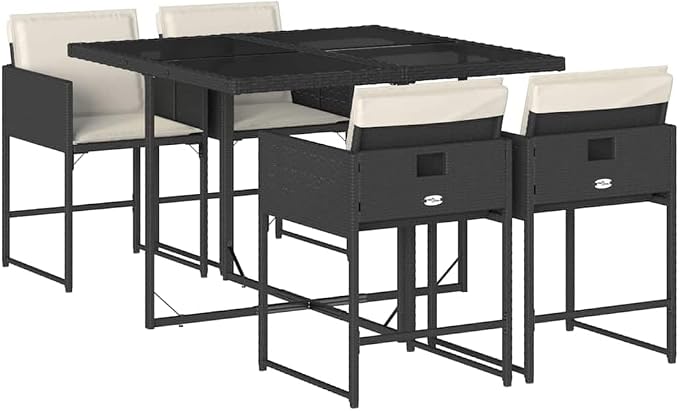 5 Piece Patio Dining Set with Cushions Black Poly Rattan Outdoor Table and 4 Folding Chairs for Garden Backyard Deck Tempered Glass Top UV-Proof Space-Saving