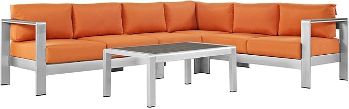 Modway Shore 5-Piece Aluminum Outdoor Patio Sectional Sofa Set in Silver Orange