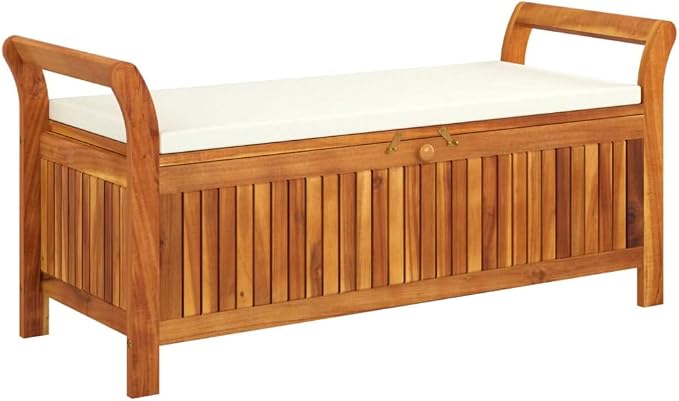 Wooden Outdoor Patio Storage Bench Large Deck Box with White Cream Cushion 49.6"x19.7"x23.6" Solid Wood Acacia Storage Box Deck Box with Seat for Garden, Balcony, Porch, Pool,Yard-AA