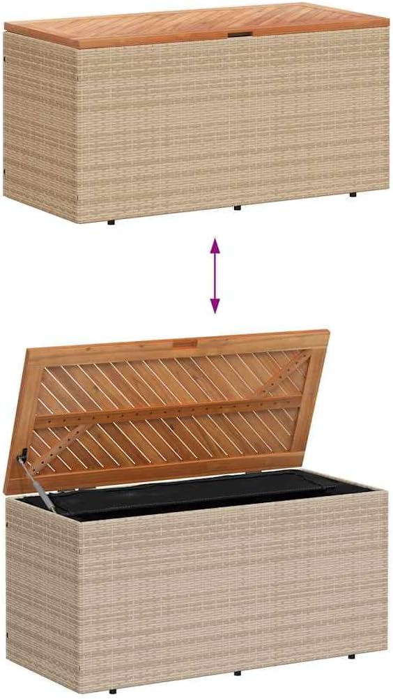 Outdoor Garden Storage Box with Waterproof Liner, Poly Rattan and Acacia Wood Deck Storage Container for Patio, Backyard, Poolside, Beige, 43.3 x 19.7 x 21.3 Inches
