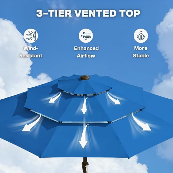 10ft 3-Tier Patio Umbrella with 32 Solar Powered LED Lights, Windproof Outdoor Market Umbrella for Deck, Poolside & Garden, Sturdy Push-Button Tilt Table Umbrella, Royal Blue