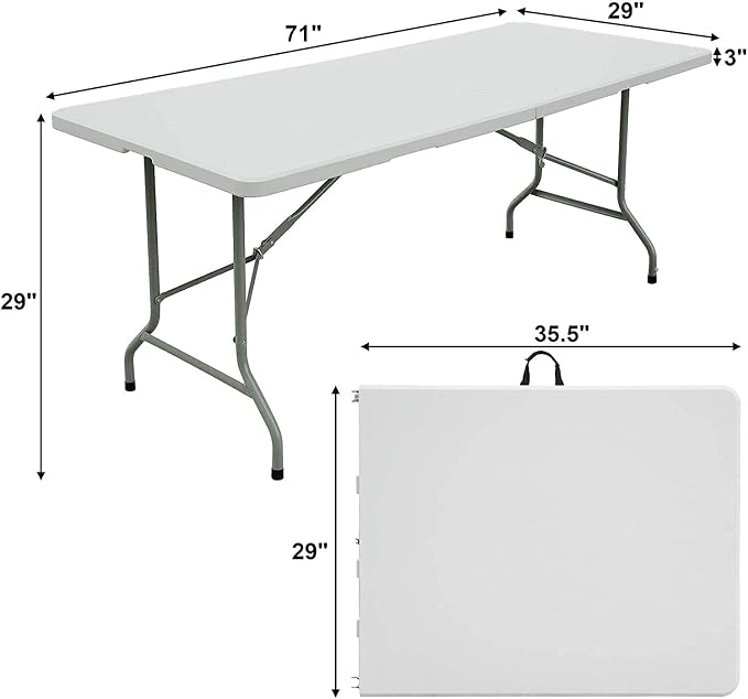 6ft Folding Table White Plastic Folding Table Portable Long Foldable Tables Indoor Outdoor Picnic Camping Fold Table 6 Foot Party Table (4ft, 6ft, 8ft)