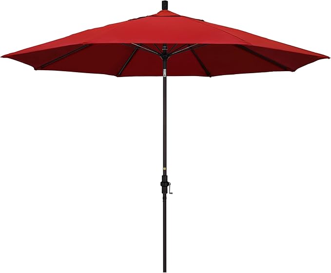 California Umbrella 11Ft Fiberglass Rib Patio Umbrella, Hand-Crank, Tilt-Collar, Bronze Frame, Solution Dyed Red Fabric
