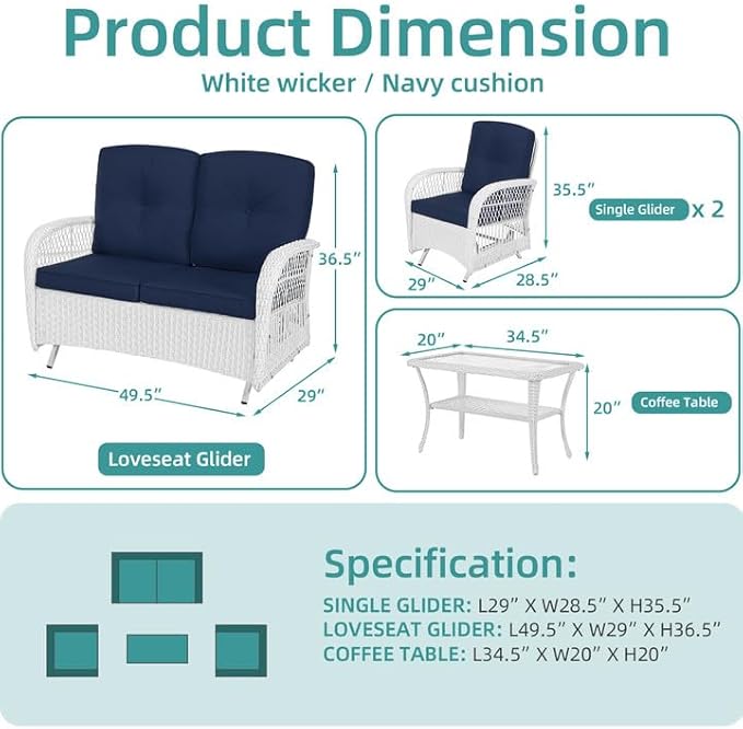 MEETWARM 4 Pieces Outdoor Wicker Patio Conversation Sets with Glider Loveseat, 2 Chairs with Coffee Table Wicker Rocking Glider Set, Rattan Conversation Set with Thickened Cushions, White/Navy