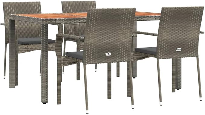 5 Piece Patio Dining Set with Cushions Gray Poly Rattan Outdoor Dining Table and 4 Chairs for Garden Backyard Deck Weather Resistant PE Wicker Steel Frame Acacia Wood Tabletop Comfortable Seating