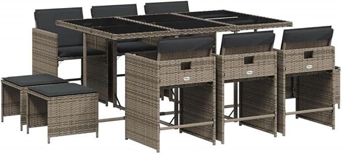 Afuera Living 11-Piece Poly Rattan Patio Dining Set, Gray Powder-Coated Finish, Cushioned Seats, Foldable Chairs and Stools, UV-Resistant Outdoor Garden Furniture for Terrace or Balcony, 10-Seater