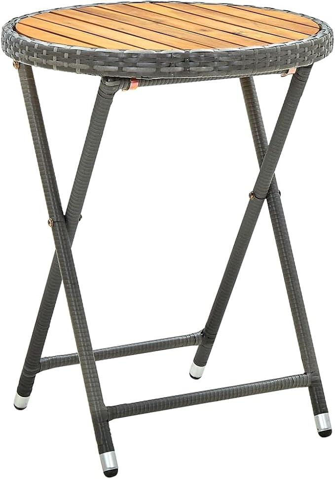 Gray 23.6" Poly Rattan and Solid Acacia Wood Folding Tea Table for Garden Patio, 4-Piece Outdoor Furniture Set with Powder-Coated Steel Frame and UV Protection