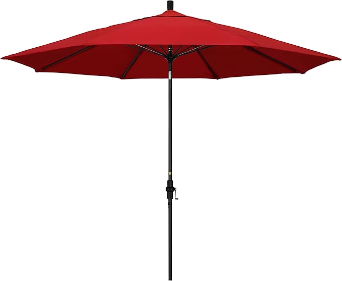 California Umbrella 11Ft Sunbrella Patio Umbrella, Fiberglass Ribs, Hand-Crank, Tilt-Collar, Black Frame, Jockey Red Fabric