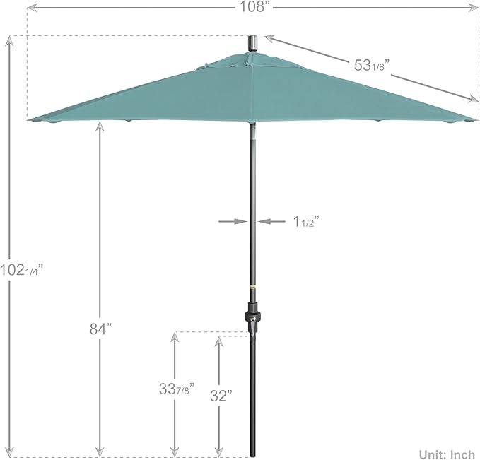 California Umbrella 9' Rd. Crank Lift, Collar Tilt, Aluminum Pole, Fiberglass Rib Patio Umbrella, Hammertone Grey Finish, Sunbrella Aruba