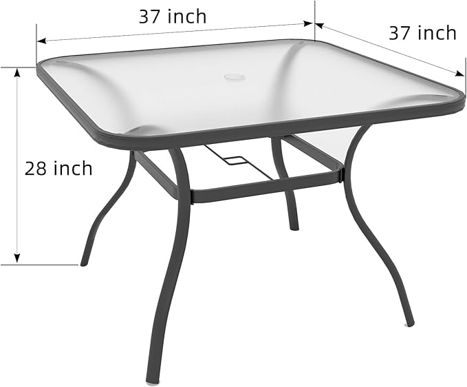 37 inch Square Glass Ourdoor Patio Table with Umbrella Hole for 4 Person | Glass Table Top, Metal Black Frame