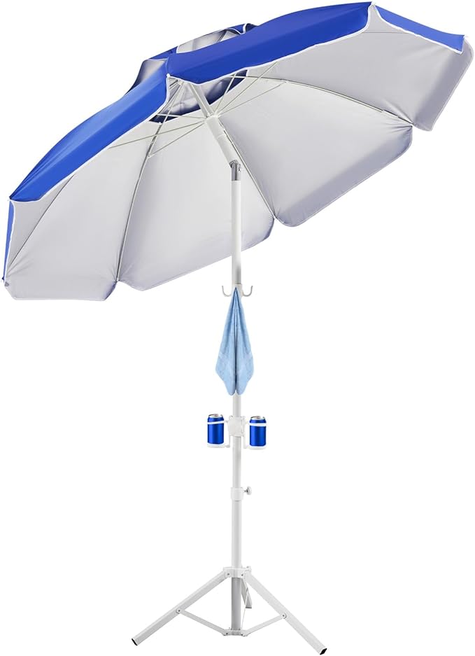 Aoxun Portable Umbrella with Stand, 6.5ft Sun Shade Umbrella with Stand, Lightweight Adjustable Standing with Sand Anchor and Carry Bag, Instant Sun Protection, Easy to Carry, Blue