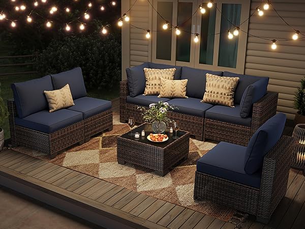 7 Pcs Patio Furniture Set, All Weather Outdoor Sectional Set, Wicker Outside Furniture Patio Sofa Set for Backyards, Porch, Poolside, Garden, Balcony (Brown & Blue)