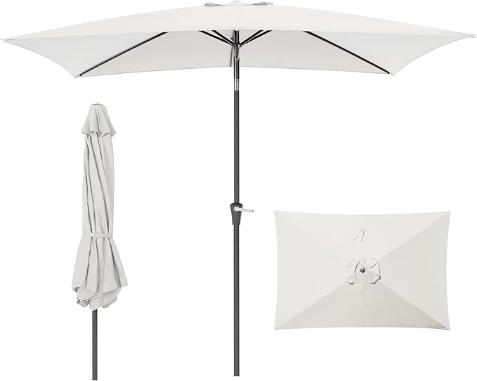 HASLE OUTFITTERS Rectangular Patio Umbrella, 6.5 x 10 ft Rectangle Table Umbrellas w/Heavy Duty Ribs, Effortless Crank and Push Button Tilt, Wind Resistant Sun Umbrella for Outdoor Patio, White