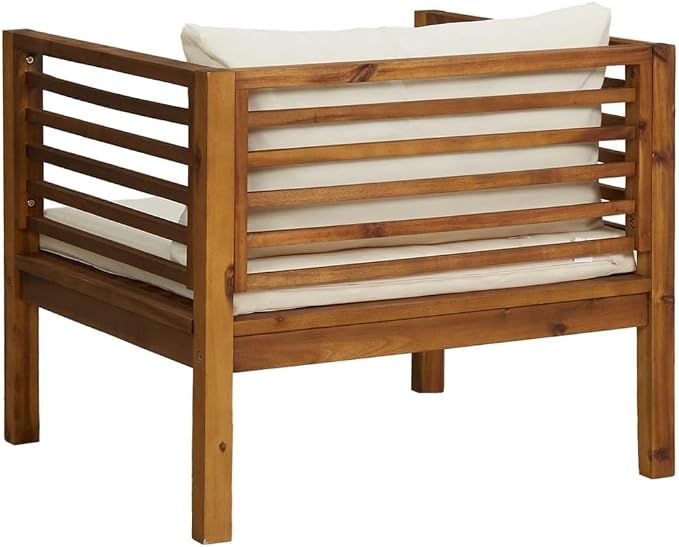 Patio Armchair with Cream White Cushions, Solid Acacia Wood Chair, Wooden Patio Chair Outside Chair Outdoor Dining Chair Patio Club Chair with Armrest for Porch, Deck, Backyard,-433